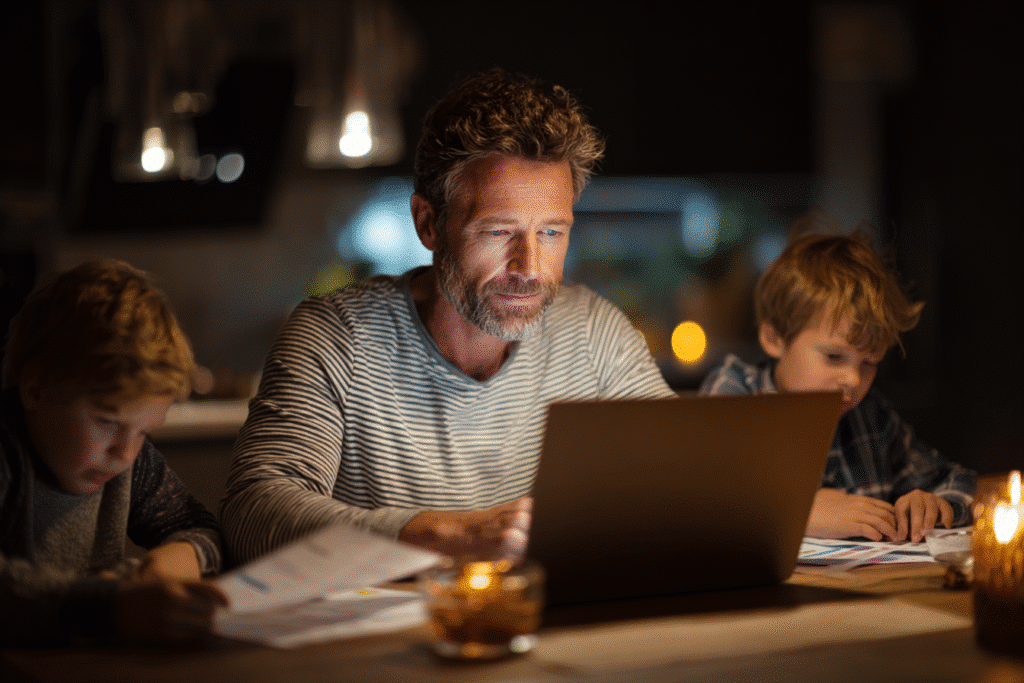 Father in his 40s reviewing MBDR retirement strategy with kids at kitchen table