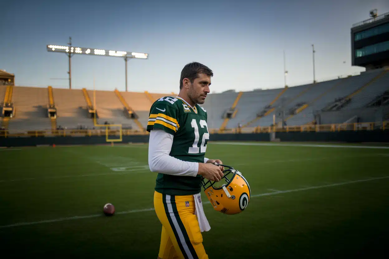 Aaron Rodgers walking off an empty football field at sunset, symbolizing possible retirement