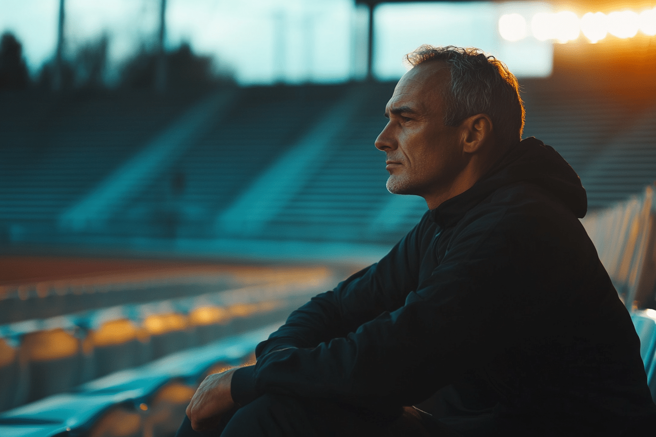 Retired athlete sitting in an empty stadium at dusk