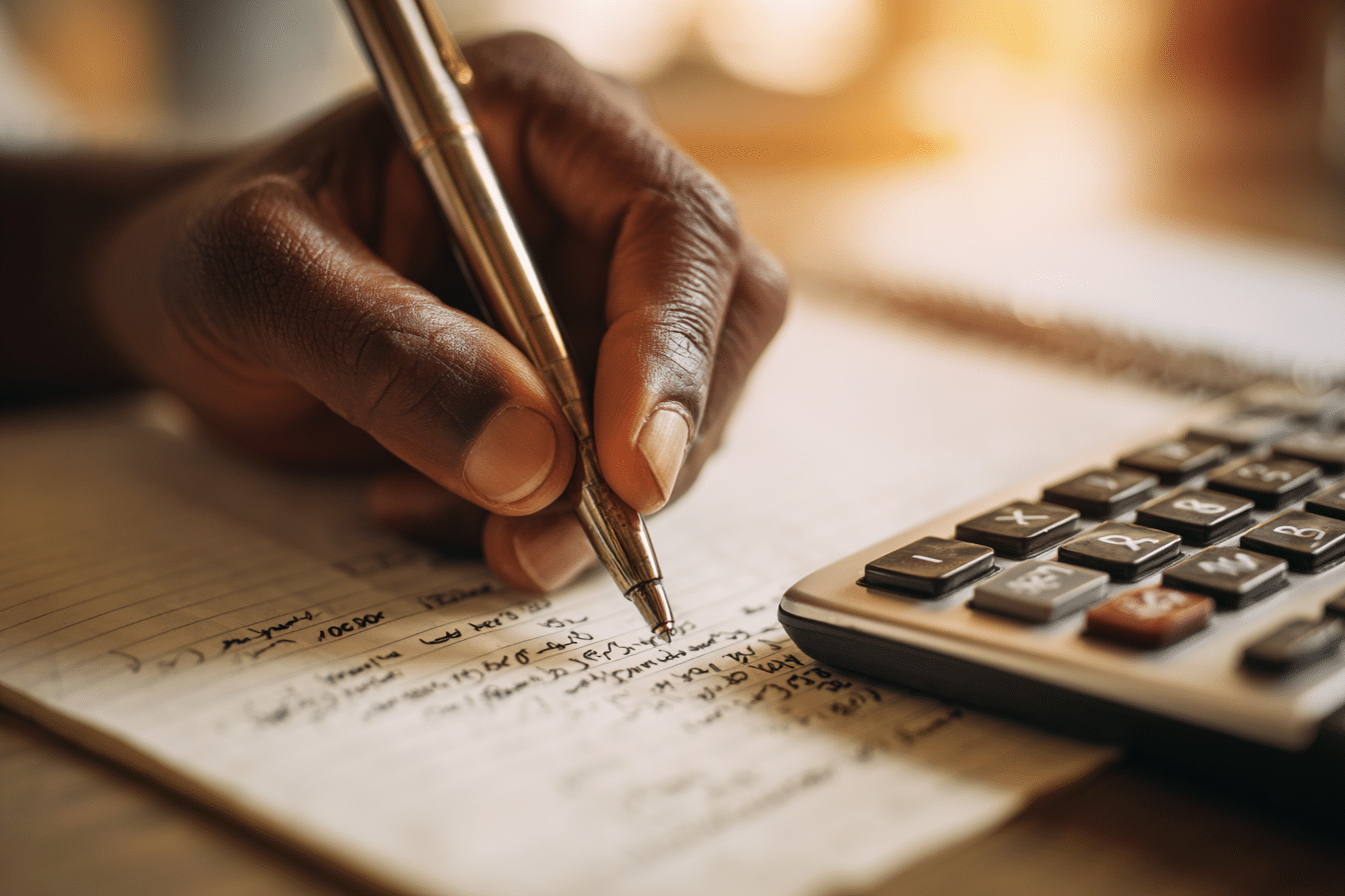 hand calculating Monthly Retirement Income Calculator on paper