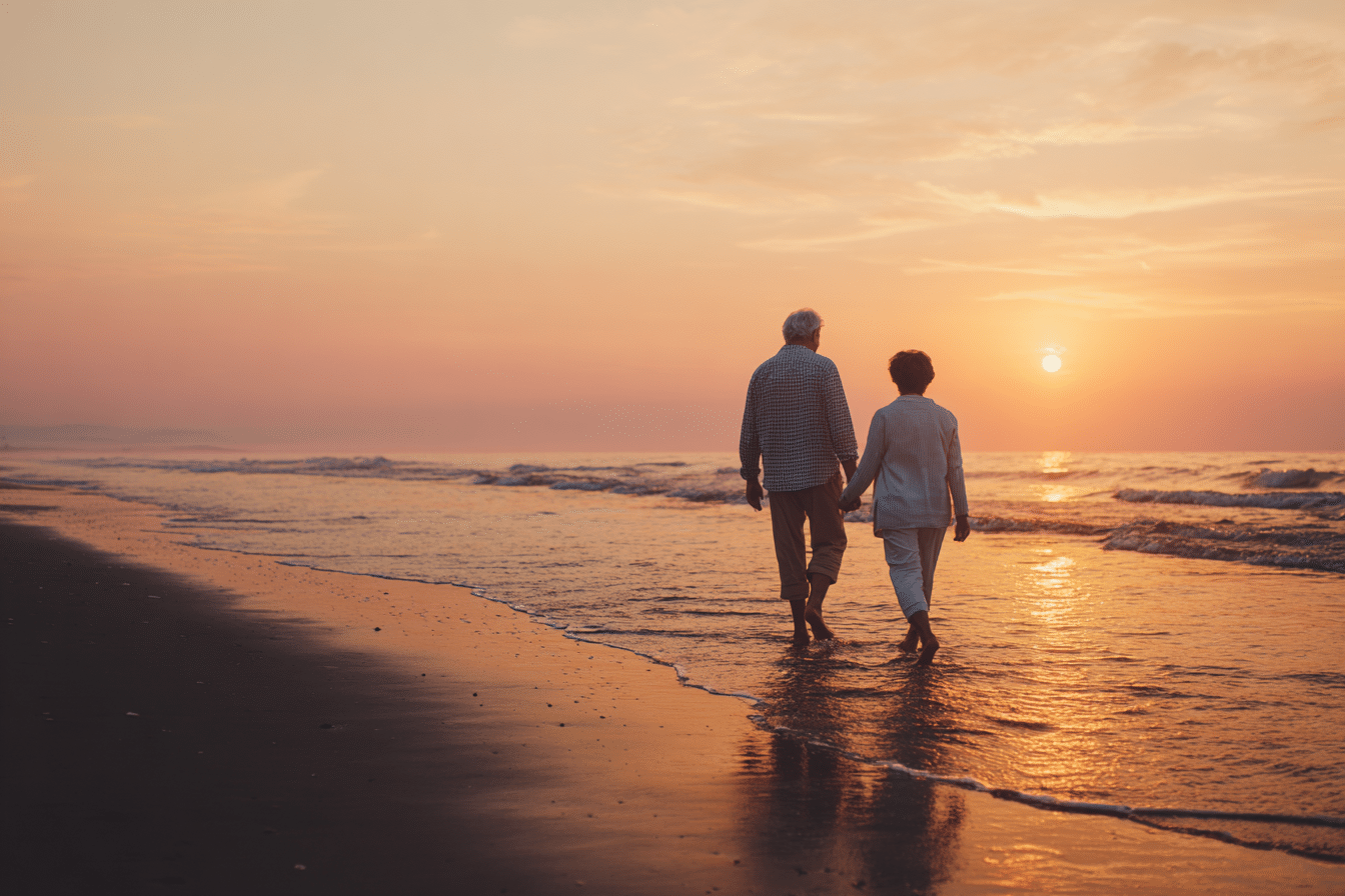 happy retired couple enjoying beach walk after following investment strategies
