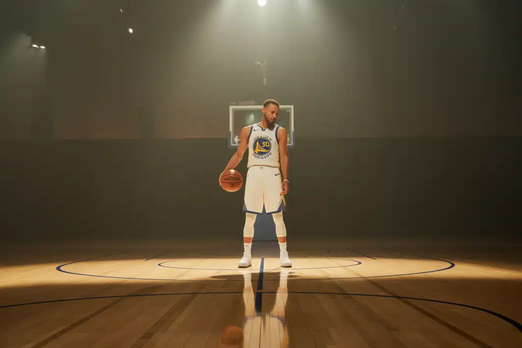 Stephen Curry reflecting on retirement on an empty Warriors court under a spotlight
