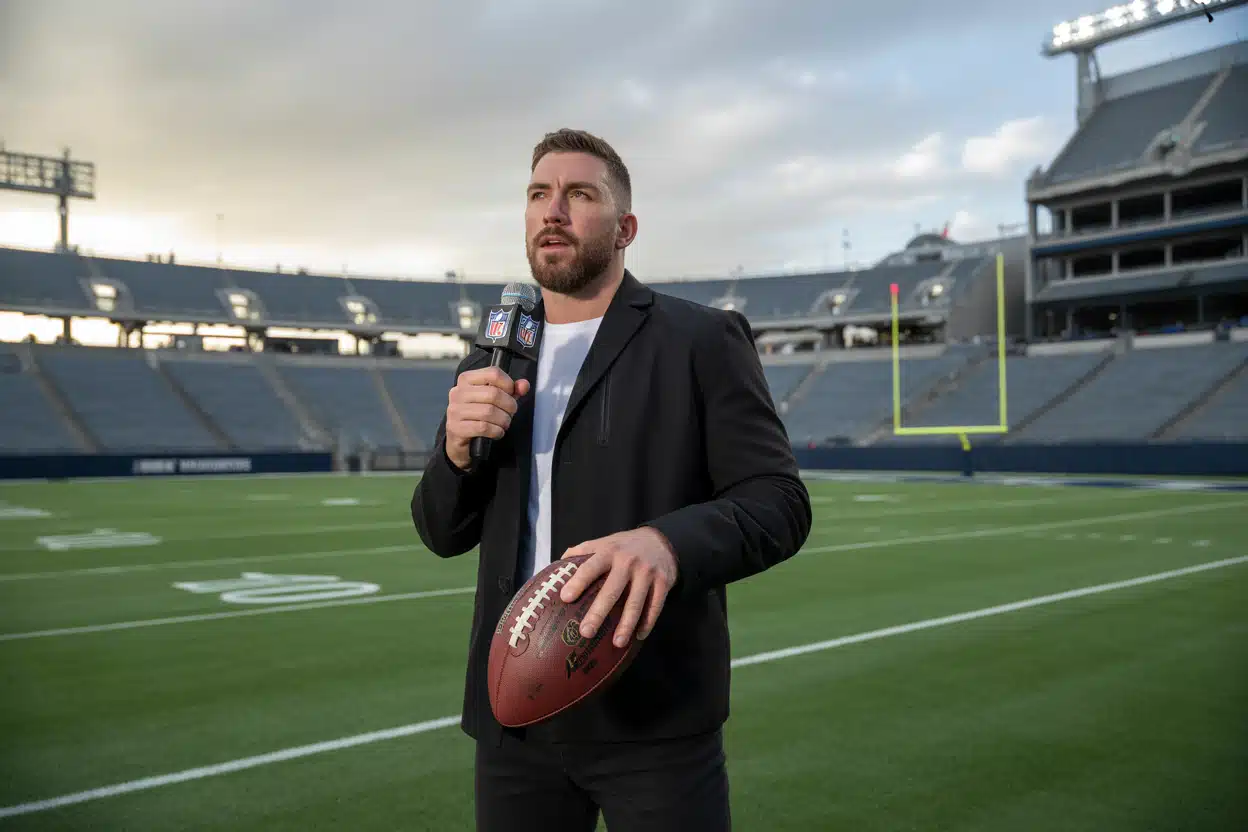 Travis Kelce standing on an empty NFL football field holding a microphone and football, addressing retirement rumors