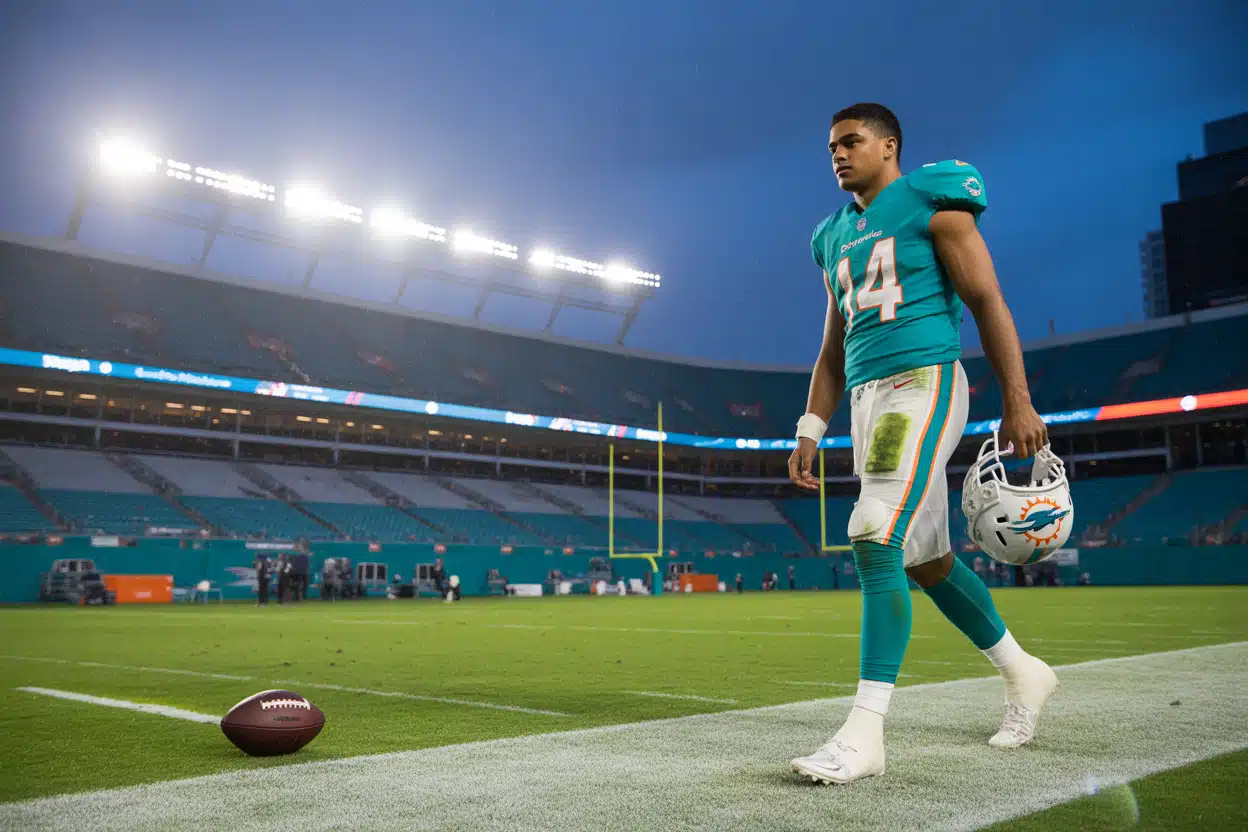 Tua retirement moment imagined — Tua Tagovailoa walking off an empty football field at sunset, symbolizing reflection and resilience after concussion concerns.